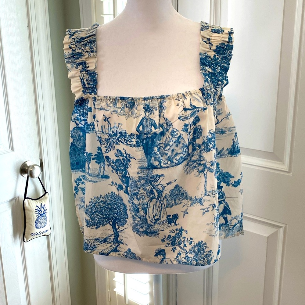 💙Gianni Bini - "Sadie" Toile du Joie Blue & White Crop Top💙. Bridgerton Vibe.